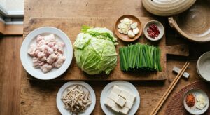もつ鍋の定番具材一覧（キャベツ・ニラ・豆腐・ごぼう・にんにく・唐辛子・もつ）