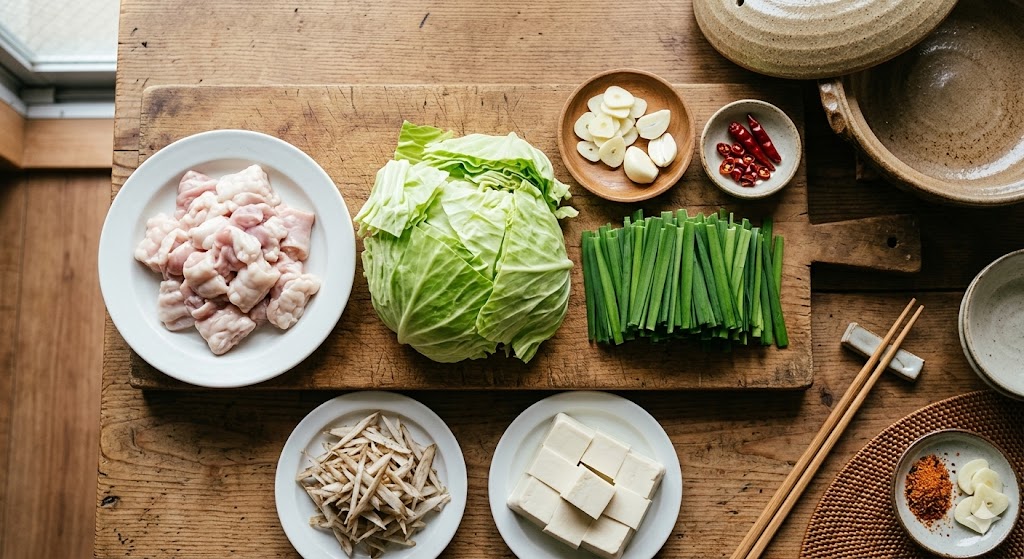 もつ鍋の定番具材一覧｜牛もつ・キャベツ・ニラ・豆腐・ごぼう・にんにく・唐辛子